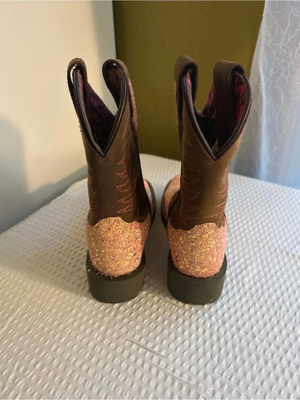 Kids Glitter Pink Cowboy Boots - Brown Shaft